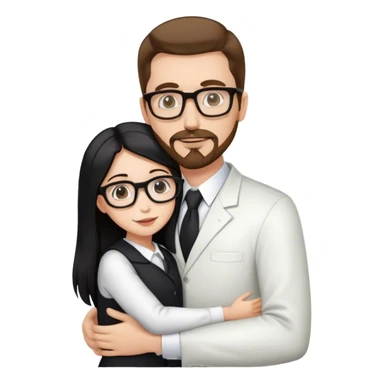 Tall white man brown hair and goatee hugging small woman long black hair square glasses, professional sticker