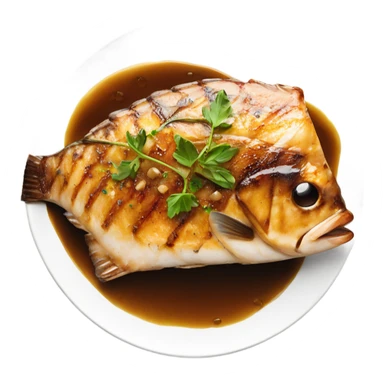 grilled fish fillet with brown butter sauce on white plate sticker