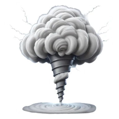 3D render of Tornado, miniature weather phenomenon, volumetric particle effects, swirling dusty grey funnel cloud, elemental energy, Apple emoji style, isolated on white background --v 6.0. sticker