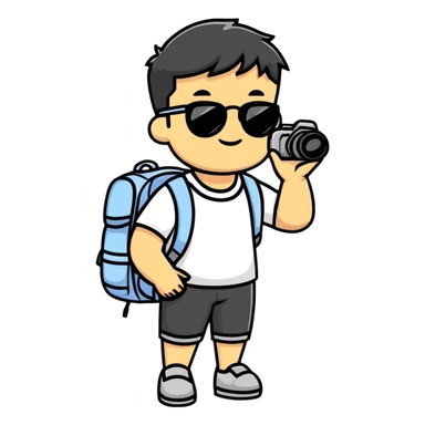 Asian tourist with backpack taking photos, sunglasses sticker