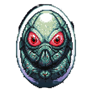 a strange large transparent alien egg, floating inside with a visible creature inside, embryonic, fetal shape creature, 3 glowing red eyes, illuminated from above sticker