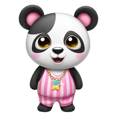 Panda with big eyes that are pink, has a pink striped shirt, has a necklace with a star, has bows on her ears sticker