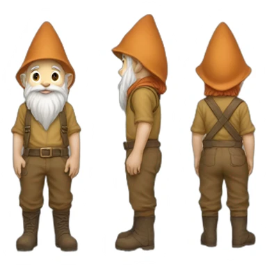 side view of gnome with light tan pants and boots squatting on top of small brown mud sticker
