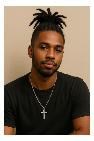 portrait of a brown-skinned person with a cross chain and dreadlocks tied up in a ponytail on top, relaxed pose, minimal background sticker