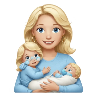 Wavy blonde, white woman with blue eyes, freckles hoop earrings, holding babies smiling and really cute in gold hoops she needs to be holding three newborns, and she needs to be more cute than pretty sticker
