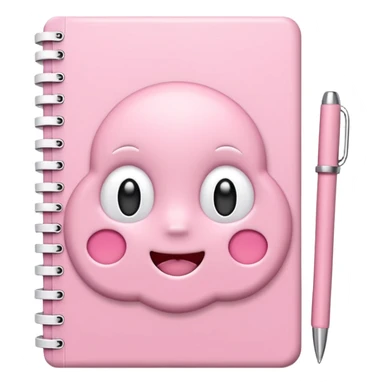 Pastel pink kawaii 3D notebook emoji, soft shadows, cute white details, glossy finish sticker