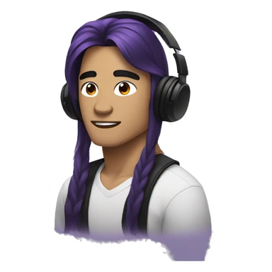 southeast asian guy with black headphones and an long black and purple hair sticker