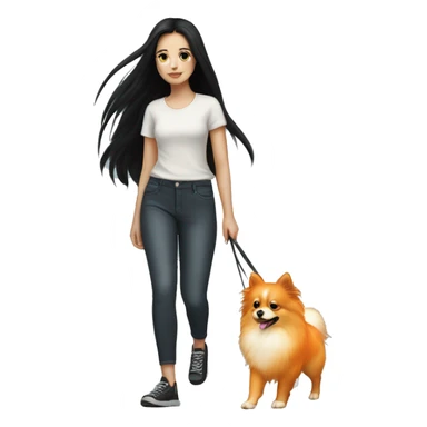pale girl with long black hair walking with orange pomeranian sticker