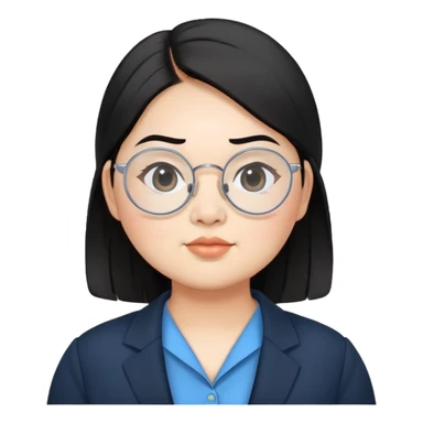 chubby asian woman round eyebrow  medium black hair wear thin siver circle glasses wear black suit with blue shirts sticker