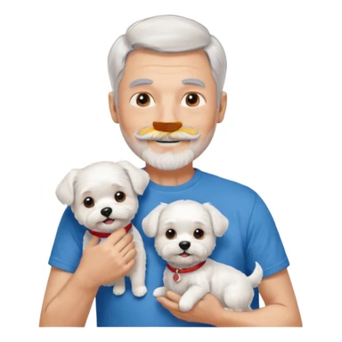 handsome gentleman, 60 years old, short silver hair, beard and moustache, wearing a blue t-shirt, smiling and holding a maltese dog sticker