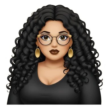 big plus size, latina, darker tan skin, long black curly hair, baddie,pretty, makeup, lipgloss, black eyeliner, long hair, small gold earrings, black top, black glasses sticker