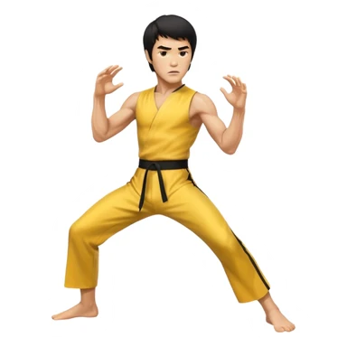 fierce Bruce Lee, dynamic martial arts pose, intense expression, yellow jumpsuit sticker