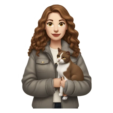white woman with long brown hair and cat shaped eyes wearing a furry jacket standing alongside a black pitbull  sticker