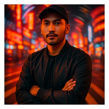 Create an urban cinematic portrait of a Southeast Asian man in his early 30s with sawo matang skin, standing in a crosswalk at night with a neon city background and spiral motion blur. The man has a relaxed posture, black cap, bomber jacket, fashion editorial style, warm and saturated colors, and soft light on face. Use the reference image for facial structure. sticker