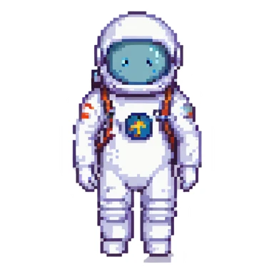 pixel art icon of an astronaut with badge or info symbol, blending user avatar and informational icon, simple and clear sticker