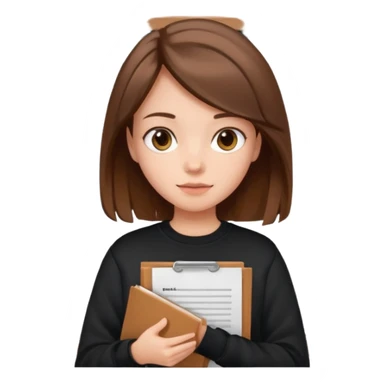 a girl with documents in her hands, in a black sweatshirt with brown hair with a square sticker