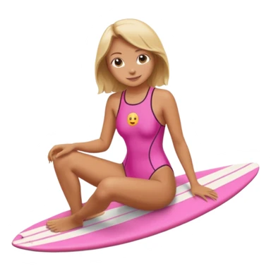 surf girl sitting on a board, pink one-piece swimsuit, relaxed, emoji style sticker