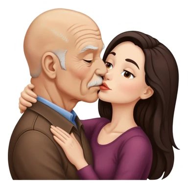 Beautiful woman with long dark hair, kissing a old brown bald man sticker