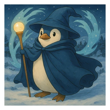 Add a snowy landscape background behind the ghibli style penguin wizard, keep all original colors and style sticker