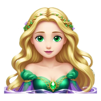 Cinematic Stunning Rapunzel Portrait Emoji, Golden hair cascading in a luminous waterfall, big emerald-green eyes full of wonder, wearing her iconic purple gown, radiating beauty and magic, glowing with fairy-tale charm! sticker