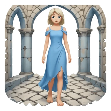 Female figure standing barefoot in ruined cathedral, dress slipping from shoulder sticker