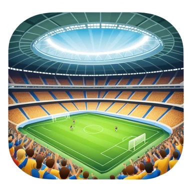 An icon showing a large, beautiful indoor stadium with soccer players on the field, actively playing. Fans cheer from the stands, creating a vibrant and energetic atmosphere. Bright lights shine down on the action, symbolizing the excitement of live sporting events. Transparent background. sticker