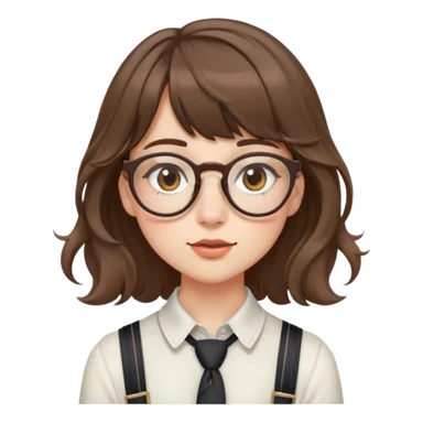 A girl with fair skin, single eyelids, a small nose, a small mouth, thin-framed glasses, bangs, brown wavy hair, and suspenders sticker