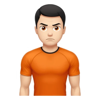 Mach mir einen unglücklichen typen der im gym trainert und viele muskeln hat mit einem orangen sport thshirt und schwarzen kurzen haaren sticker