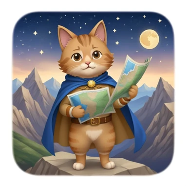 Explorer cat holding a map, mountains and stars in background, wearing light clothes and cape blowing in wind, looking into distance sticker