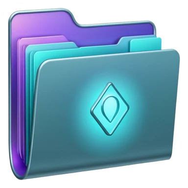 A minimalist glowing folder icon floating on a soft beige background, with subtle purple and teal lighting. The folder is slightly open, and a gentle magical light glows from inside — representing creativity and mystery. sticker