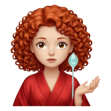 Cartoon emoji of a girl with voluminous curly red hair, fair skin, warm brown eyes. Wearing a chic milky silk robe with long sleeves, no makeup. Portrait mode, holding a gua sha, looking doubtful and unsure. Smooth, simple, stylized." sticker