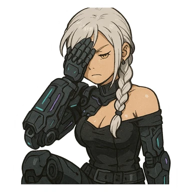  she is wearing armor, maximum power , facepalm smh, a closeup portrait of young woman with gold yellow eyes, white hair, long braid, black off-shoulder top d-cup, punk gothic style, futuristic cyberwave cyberpunk, sitting position sticker