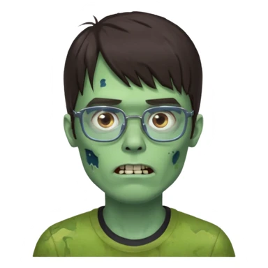 an emoji of a male green zombie with dark brown hair and female bangs that cover your entire forehead and extend to your eyebrows, wearing square, bluish glasses. sticker