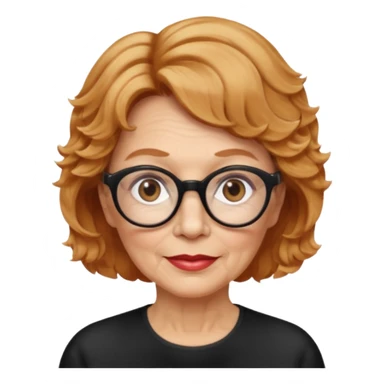 woman 70 years old, very short strawberry blonde weavy hair, brown eyes and round dark glasses sticker