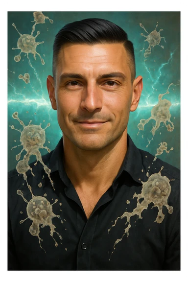 Vertical portrait of a man's face in a realistic style with a relaxed expression. Transparent parasites dissolve in front of a bright energetic barrier, with natural and clean colors. sticker