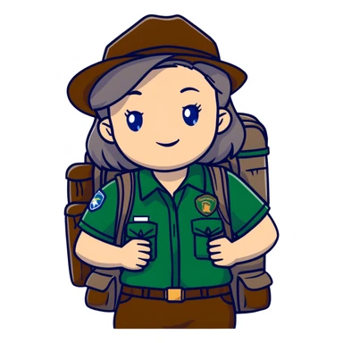white woman park ranger with gray and brown hair, blue eyes, wearing a backpack sticker