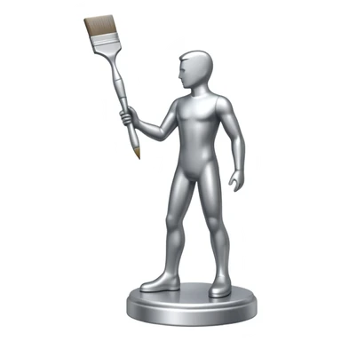 A paintbrush that transforms into a human metal silver silhouette sculpture emblem, symbol of artistic identity, with a highly polished silver metallic finish sticker