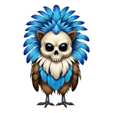 Furry Fakémon-Pokémon-animal-creature with a skull mask, and a feather-mane-collar, and blue feathers, (full body) sticker