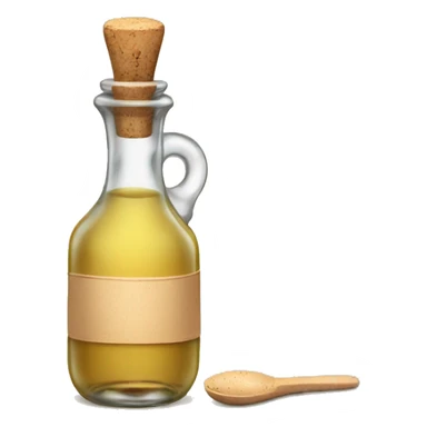 bottle of vinegar with the cork and a nozzle; spoon is laying neat the bottle sticker