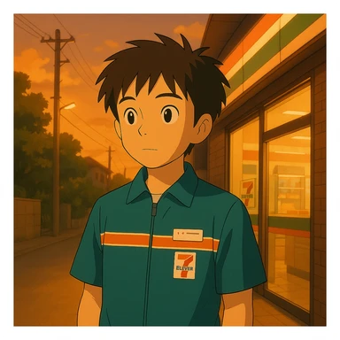 The same anime boy character from the reference image, wearing a 7/11 convenience store work uniform, standing in a gentle evening-lit scene, Studio Ghibli style, warm and inviting atmosphere. sticker