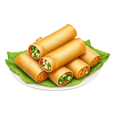 Cinematic Realistic Spring Rolls Dish Emoji, featuring golden, crispy rolls filled with fresh vegetables rendered with detailed textures and warm natural lighting. sticker