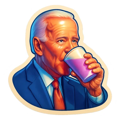 Joe Biden drinking a purple liquid from a white cup sticker