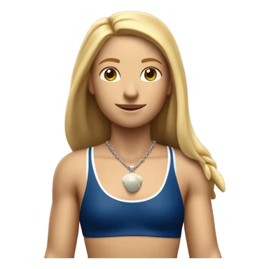 A girl with long blonde hair with wide shoulders wearing a Great Britain rowing swimming suit and has small muscles and add a necklace that has a sea shell pendant on it. She must have a  necklace around the neck and the pendant is on her chest sticker