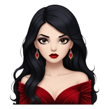 A half-body portrait of a woman with long, jet-black hair and a smoky eye makeup look. She's wearing a dramatic red velvet gown, her lips darkly painted, with a moody, dimly lit background that adds to her mysterious aura sticker