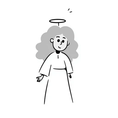 grey-haired woman with a halo sticker