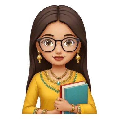a pretty bratz fair indian girl wearing spectacles, jhumkas, kurti yellow, carrying books sticker