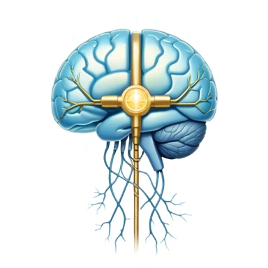 Ethereal pearlescent and light blue capsule in the foreground with a translucent brain positioned behind it, illuminated by golden electrical pulses forming a neural network. A small glowing liver symbol to the side, all surrounded by a mystical aura of mental focus and clarity sticker