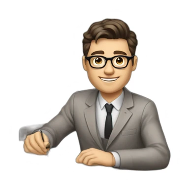 Pale skinned Fit Man With dark brown hair in gray jacket, beige office shirt and vintage glasses sitting In a soft chair with a notebook with emblem Ψ and a pen in his hands sticker