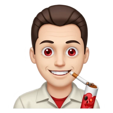 A white man with dark brown hair in a ponytail, oversized bloodshot eyes, grinning, smoking a long spliff  sticker