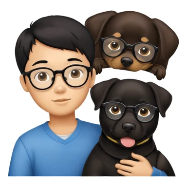 A Chinese black haired boy with black glasses holding one Labrador Retriever sticker